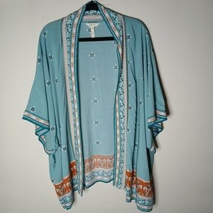 Matilda Jane Teal Floral Kimono Cardigan Boho Open Front Border Print M/L